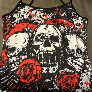 Skull Roses Print Black Red Skater Grunge Emo Goth Spaghetti Strap Large or Med